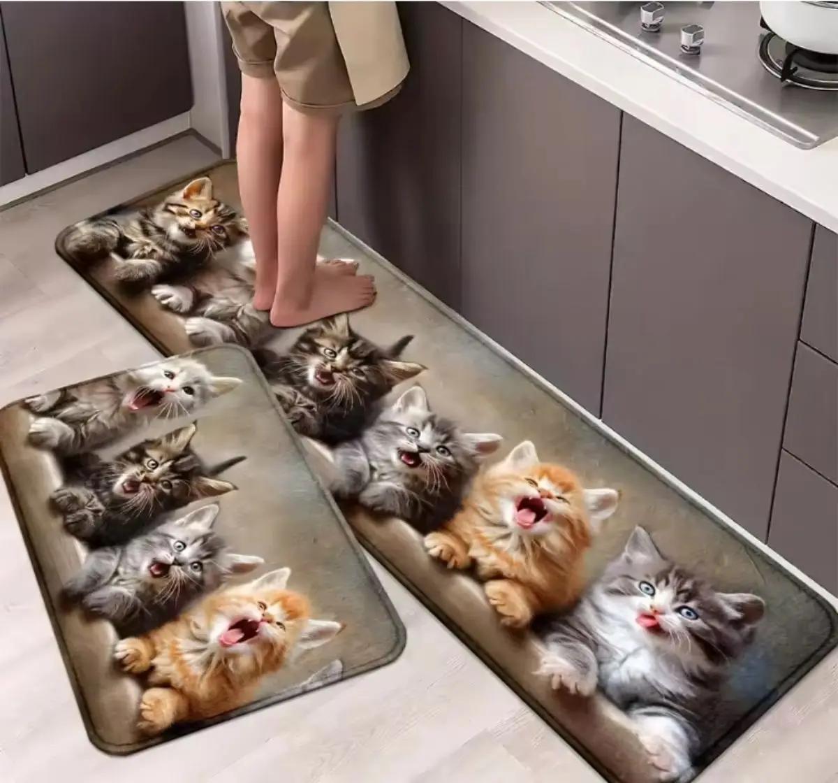 Schattige Kattenprint Keukenmat Set, Antislip Absorberende Vloermatten voor Keuken, Wasruimte Kattenliefhebbers 40x60cm 16x24inch