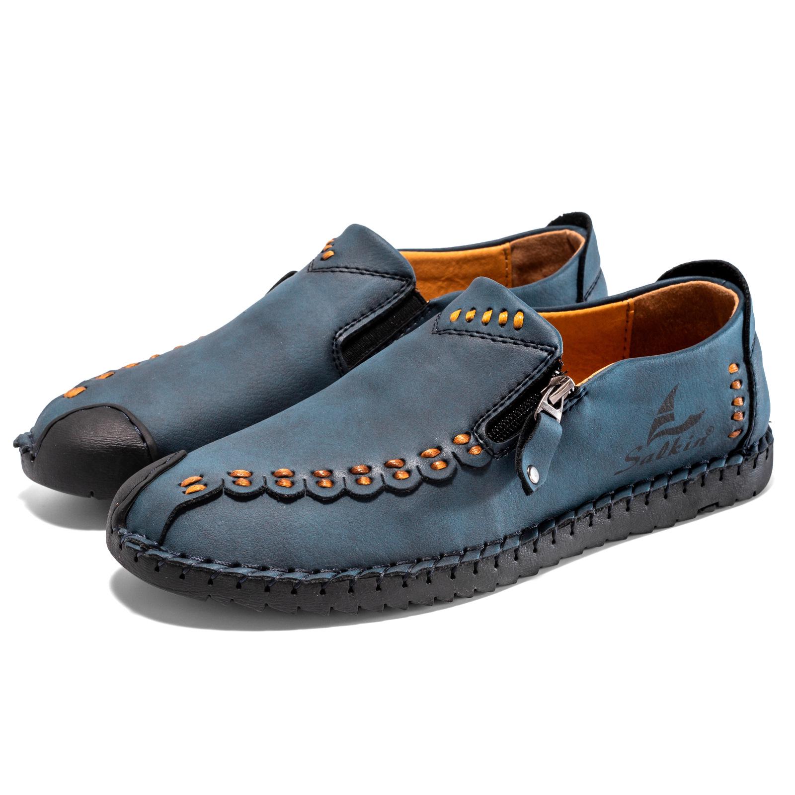 Plus Size Men s Casual Leather Slip-on Loafers: Hand-stitched Low-top Autumn Shoes 41