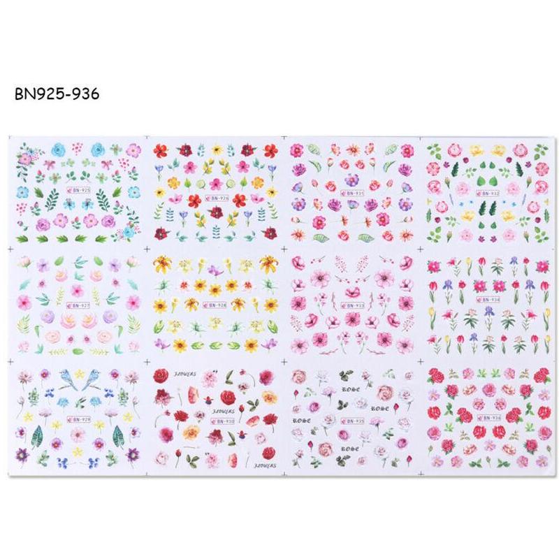 12 vzorů Kvetoucí květiny Nail Art Water Transfer Samolepky Obtisky Dekorace