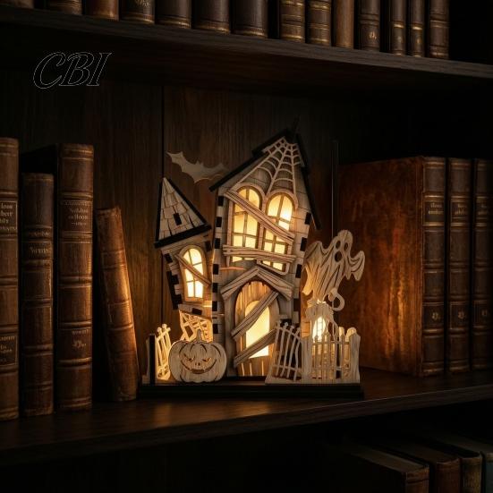 Spooky Festival Interior Furnishing 3D Halloween Village Haunted House Figurine, Light Up Wooden Castle Ornament Assembled Model with Ghost