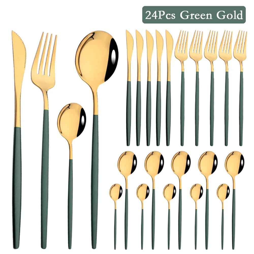 24Pcs Luxury Cutlery Stainless Steel Tableware Mirror Gold Dinnerware Set Western Knife Fork Spoon Flatware Kitchen Silverware