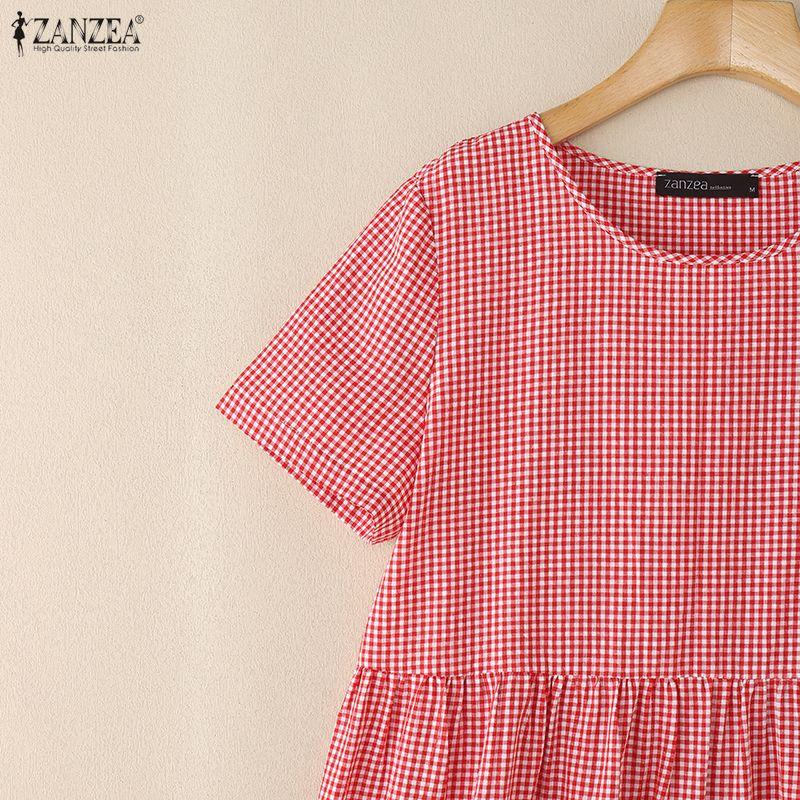 ZANZEA Women Casual Round Neck Summer Short Sleeve Plaid Print Dress