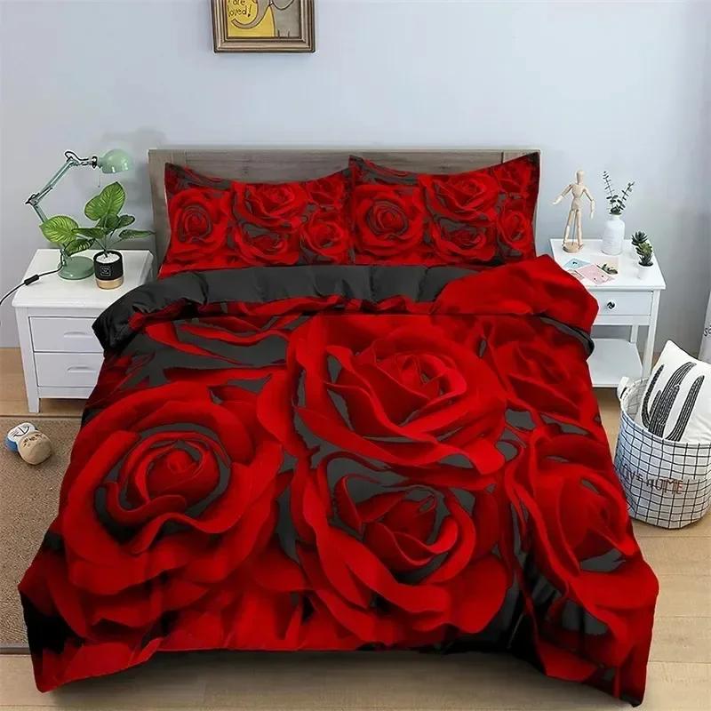 Floral Duvet Cover Set Full Size 3D Red Rose Bedding Set Microfiber Romantic Flowers Quilt Cover Wedding Valentine's Day Decor
