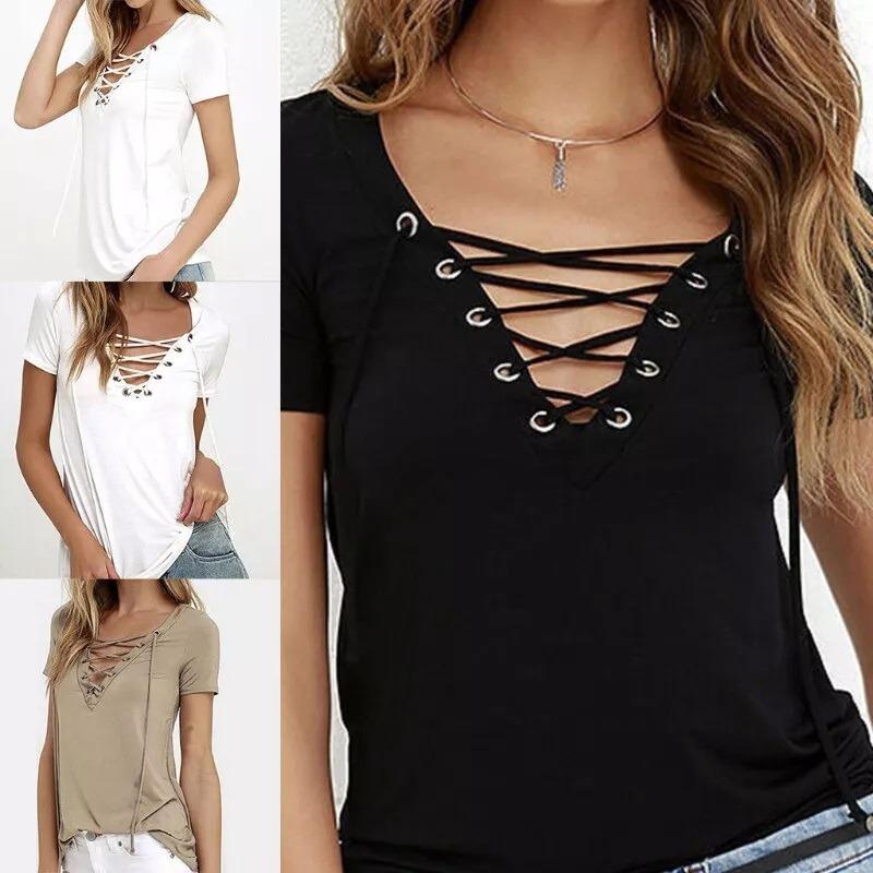 Women Short Sleeve T-Shirt Sexy V-Neck Tops Ladies Summer Casual Pullover Blouse