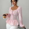 Women's U Neck Long Sleeve Blouse Slim Fit Elegant Tie Front Peplum Shirt