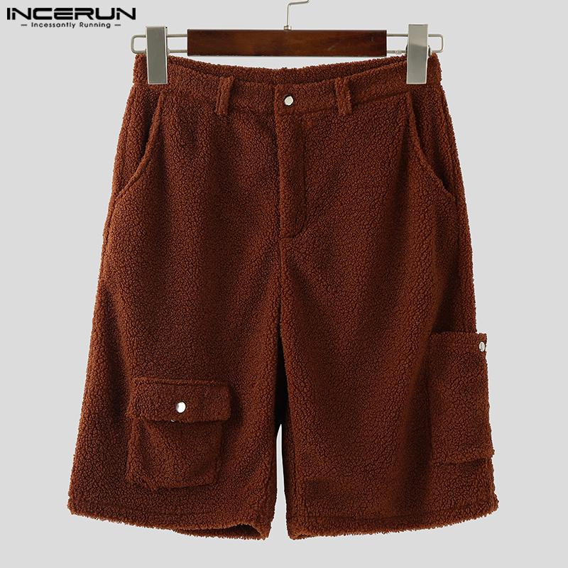 INCERUN Men Zip-up Waist Furry Casual Loose Shorts Half Pants