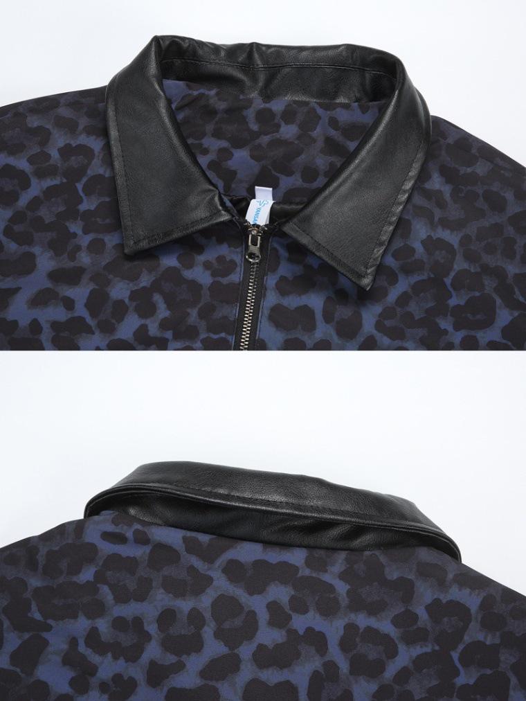 Unisex Retro Leopard Print Spliced Leather Jacket - Trendy, Loose-Fit Streetwear