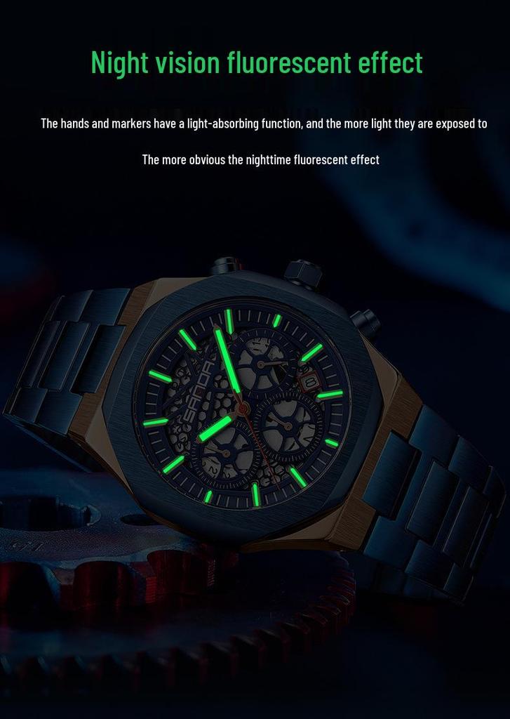 Sanda Men's Skeleton Steel Band Wristwatch with Six-Hand Calendar - Stylish & Waterproof
