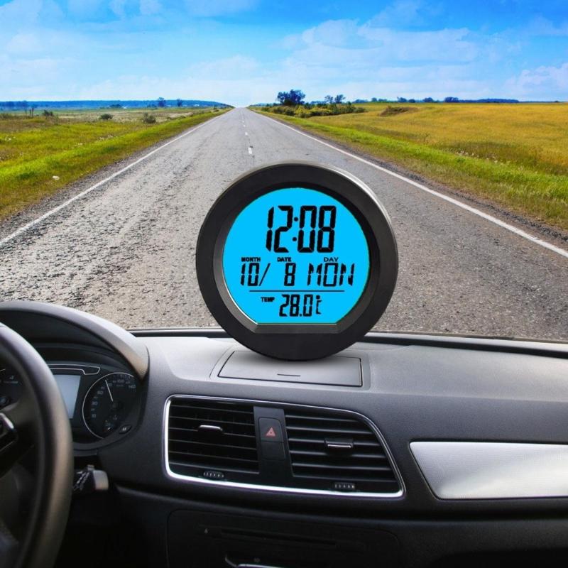 Car Digital Clock Solar Powered Date Week Clock with Temperature Display Automotive Dashboard Round Clock