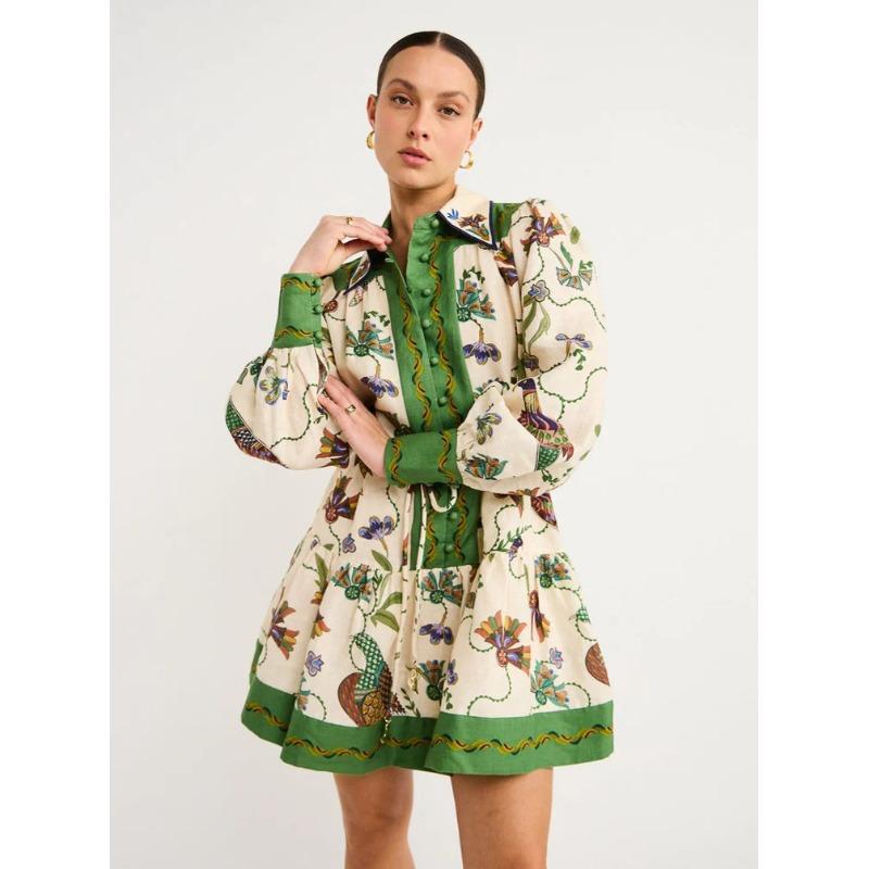 New Printed Lapel Dress Casual Peacock Flower Printed Mini Pleated Dress Women Long Lantern Sleeve Fashion Holiday Dresses Summer Loose Robe