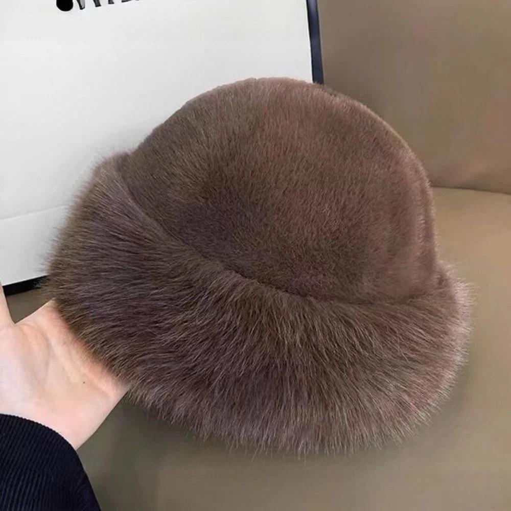 Bucket Hat Plush Basin Cap Korean Style Solid Beanie Casual Faux Fur Mink Hat Autumn