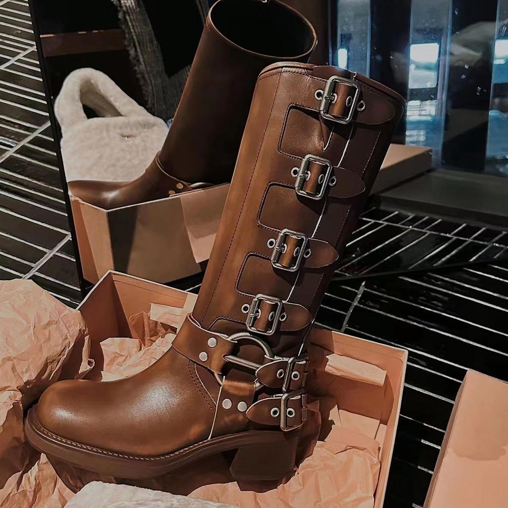All Cowhide~ Yi Mengling Same Buckle Catwalk Belt Buckle Leather Thick Heel Retro Cowboy Knight Medium Boots