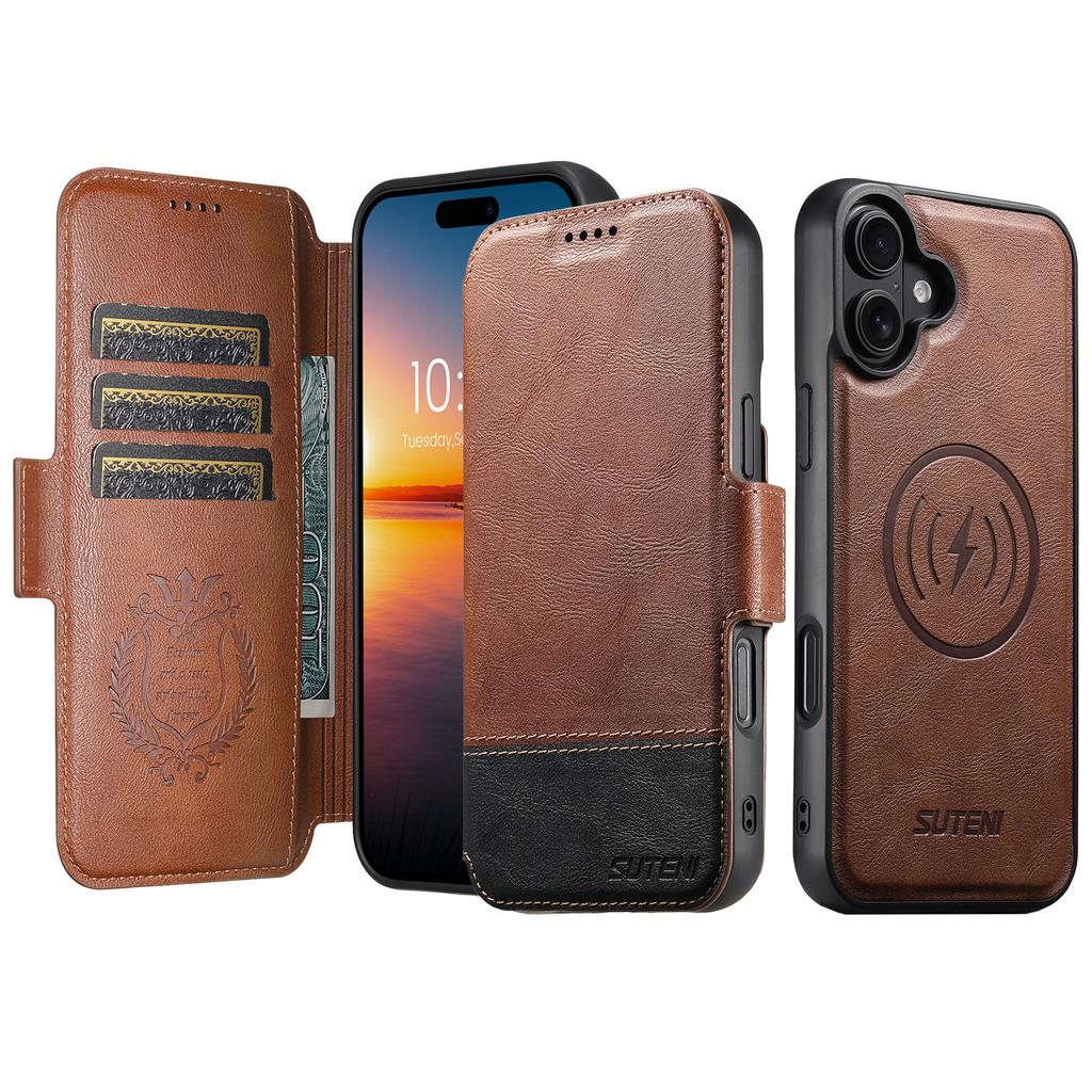 SUTENI Q-06 Etui na iPhone 16 Plus Kolorowe Łączenie Magnetycznie Odpinany Skórzany Pokrowiec na Telefon