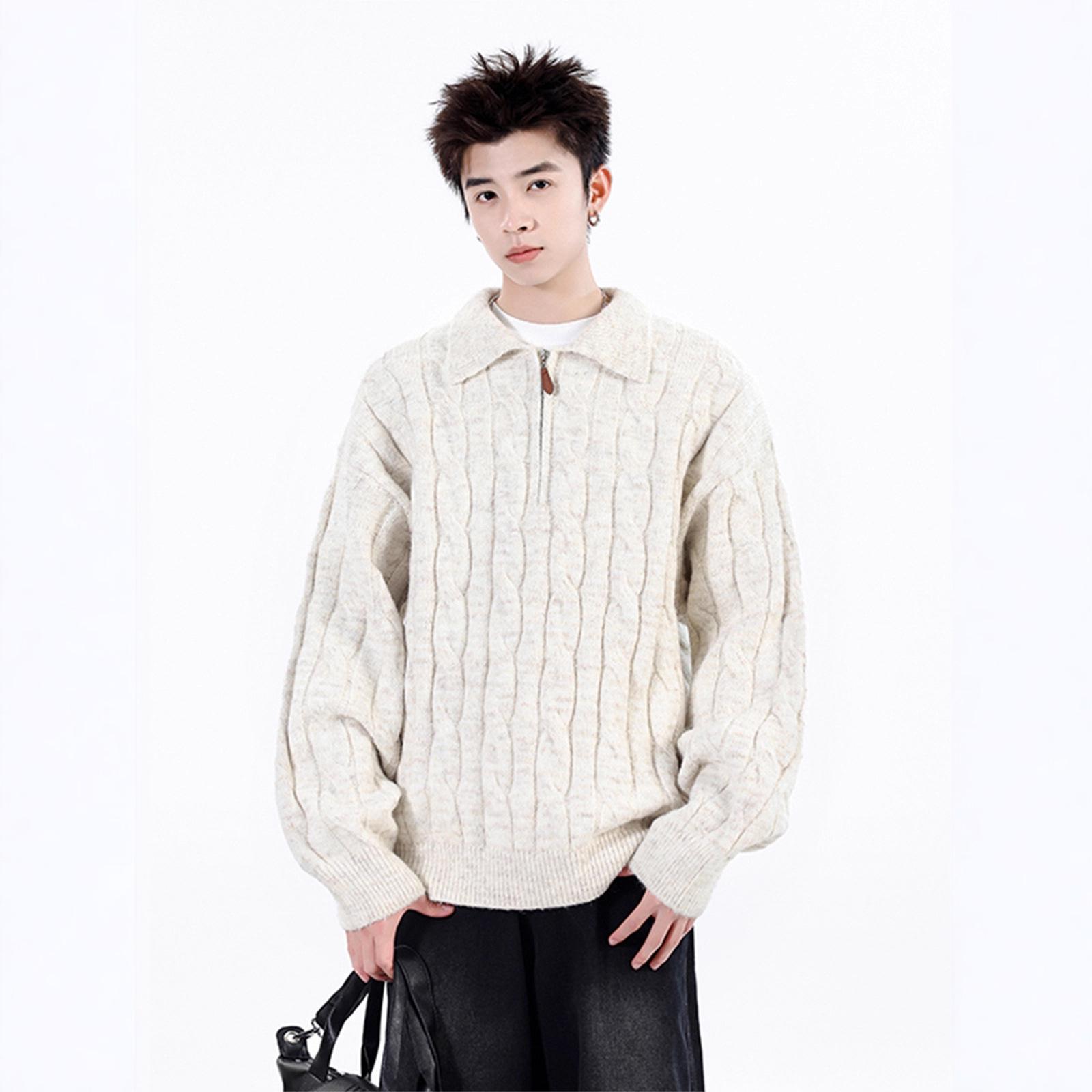 Unisex Retro Cable Knit Half-Zip Sweater Coat - American Old Money Winter Style Pullover. L