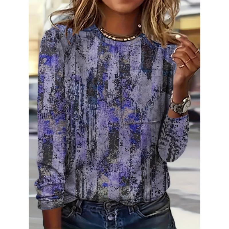 Damen T-Shirt 3D Farbe Retro Textur Druck Mode Langarm Rundhals Reguläres Oberteil Feiertagswochenende Frühling und Herbst