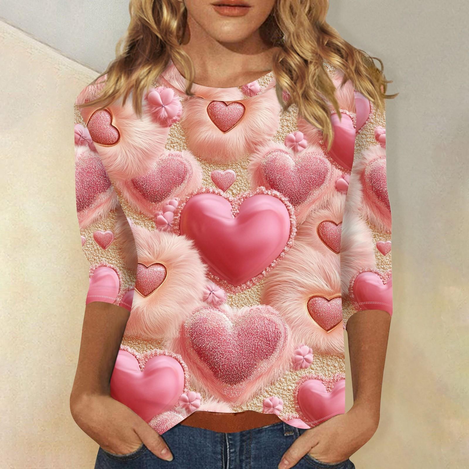 

Женская мода повседневная кофта с разрезом на рукаве 3/4 и принтом ко Дню святого Валентина с круглым вырезом XL арбуз красный