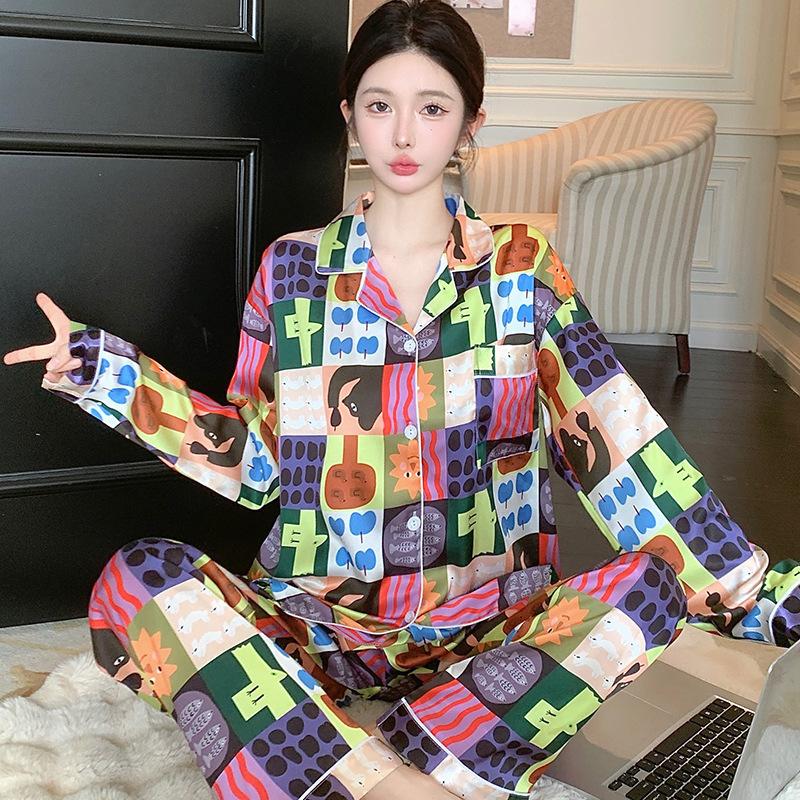 Star Print Ice Silk Women Spring And Autumn Pajamas Long Sleeves High-End Fashion Loungewear Suit