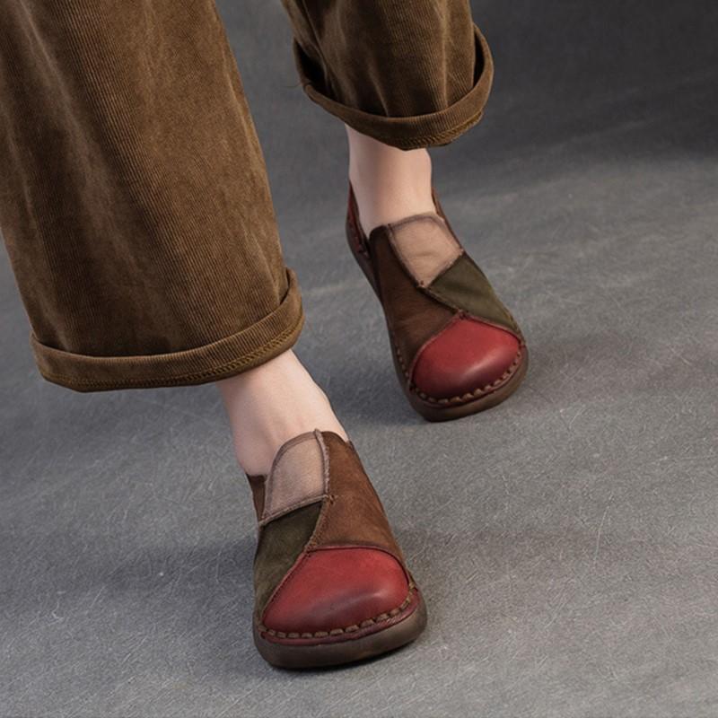 Johnature Retro Mixed Colors Soft Soled Flats Genuine Leather Comfortable Round Toe Women's Slip-on Shoes