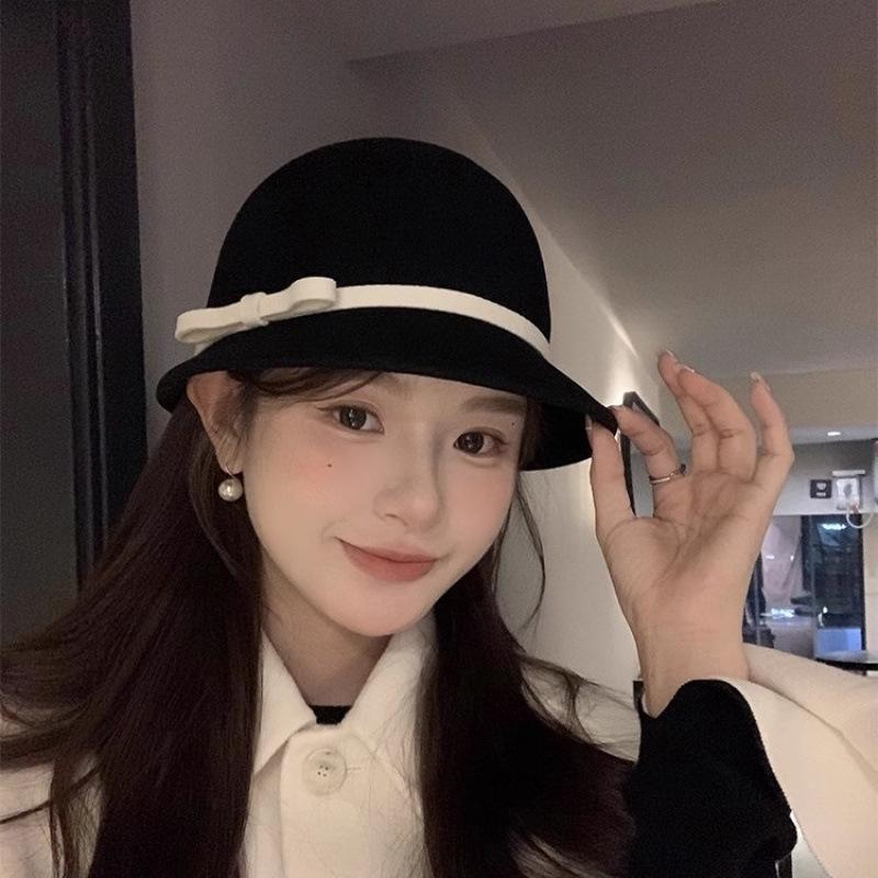 Hepburn Wool Bucket Hat Women's Autumn and Winter French Retro Small Fragrant Celebrity Top Hat Versatile Bow Basin Hat