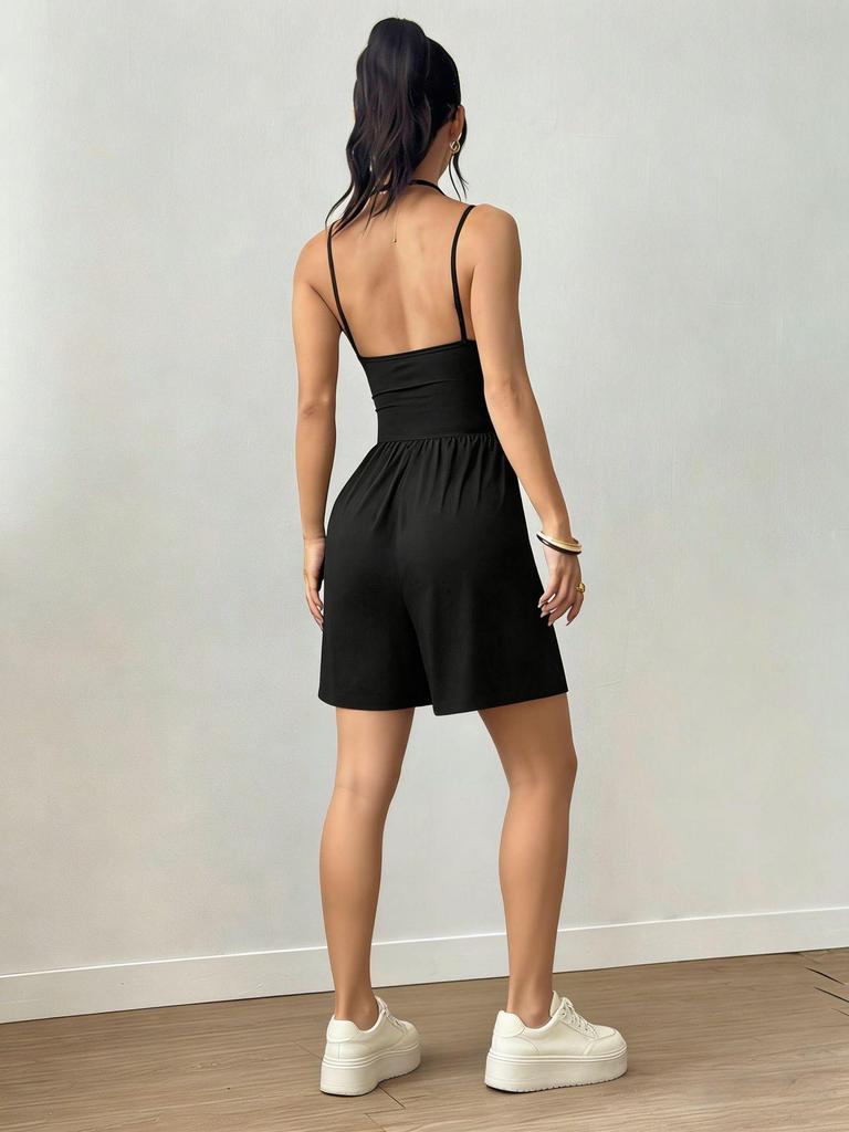 2026 Summer Women's Spaghetti Strap Casual Bandeau Jumpsuit with Wide Leg Shorts