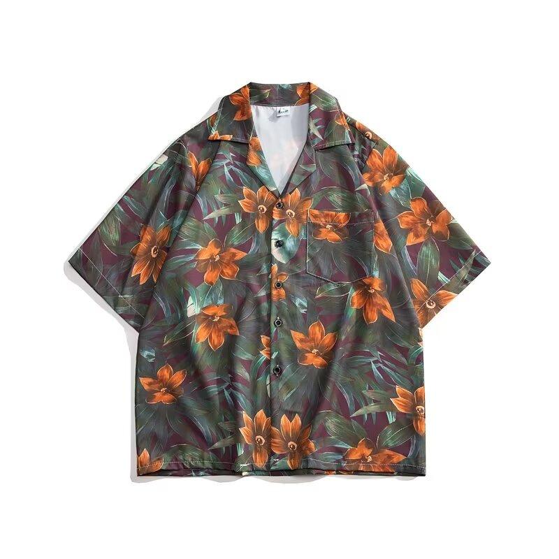 Beach style holiday floral shirt short-sleeved beach retro men's and women's summer sea