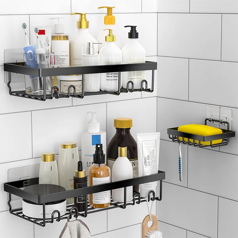 Moforoco 3-Pack Shower Caddy Basket Shelf with Soap Holder, No Drilling Traceless Adhesive Shower Wall Shelves, Rustproof Black Bathroom Shower