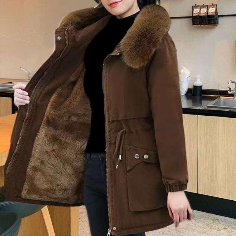 New Slim Fit Mid-Length Cotton Parka with Fur Collar and Cinched Waist