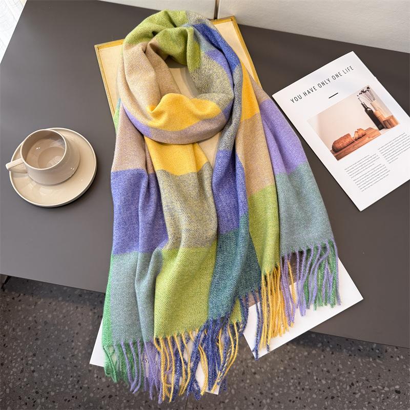 Luxury Brand Winter Rainbow Plaid Women's Imitation Cashmere Scarf Warm Shawls and Wraps Thicked Pashmina Female Blanket Scarves