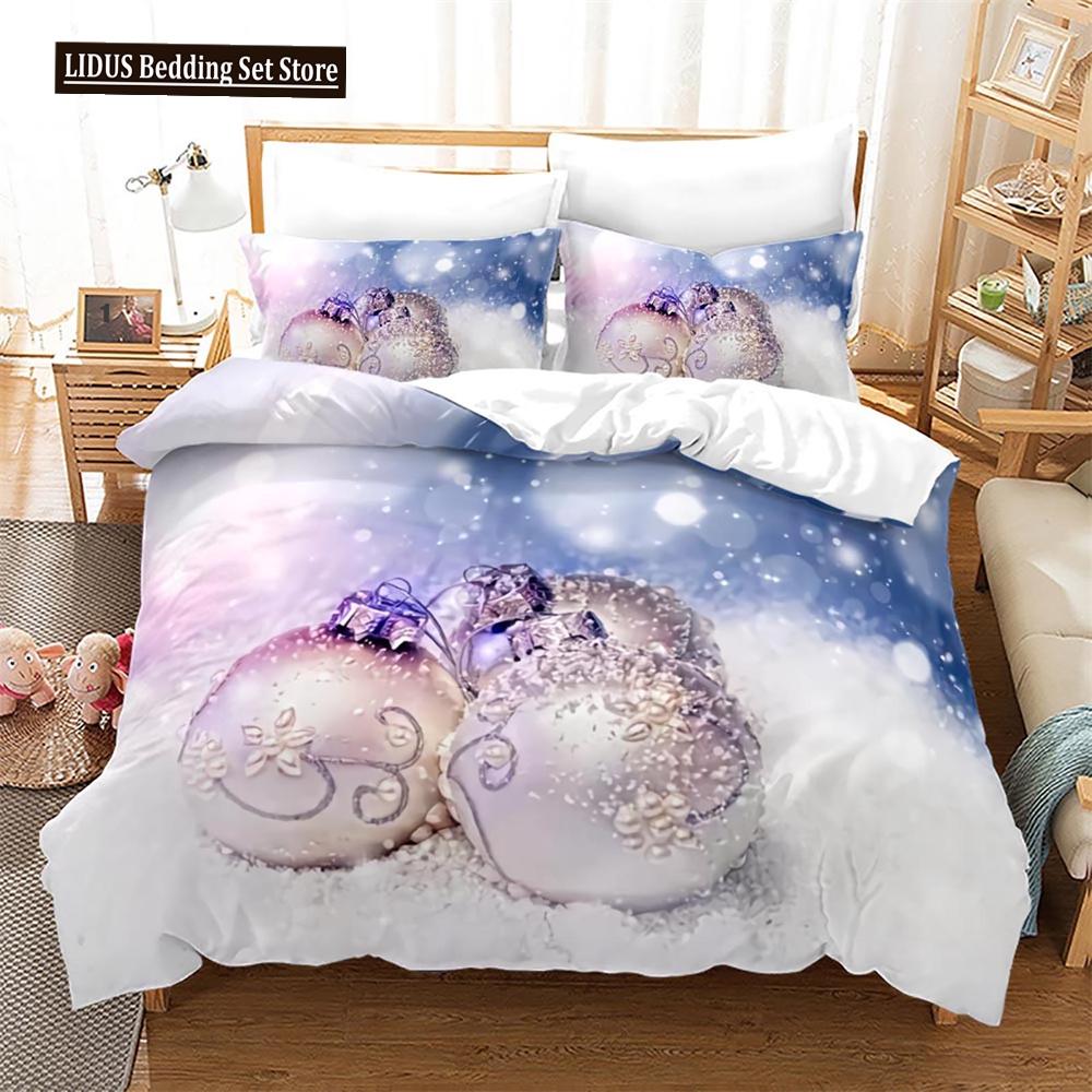 Christmas Duvet Cover Set King Size Snowflake Bells Pattern Festival Bedding Set Polyester Comforter Cover For Kids Boys Girls