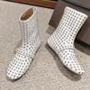 Women's Black Leather Diamond studded Romantic and Fashionable Ballet Style Flat Boots Short Boots