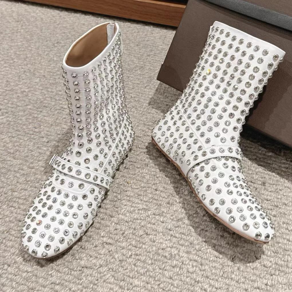 Women's Black Leather Diamond studded Romantic and Fashionable Ballet Style Flat Boots Short Boots