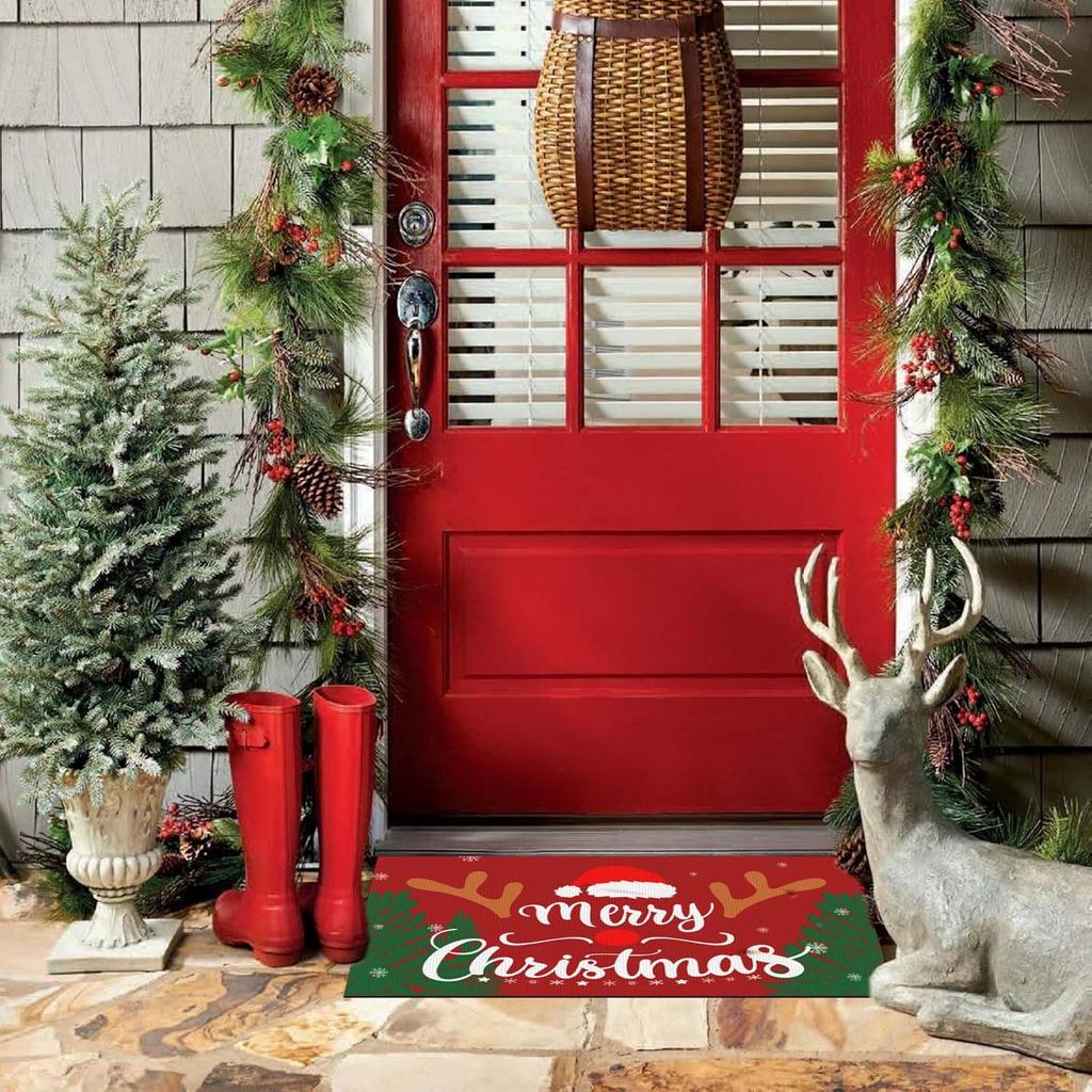 VIKAMA Christmas Happy Front Door Floor Mat Welcome Pad Indoor and Outdoor Anti-Slip Carpet Holiday Home Decoration