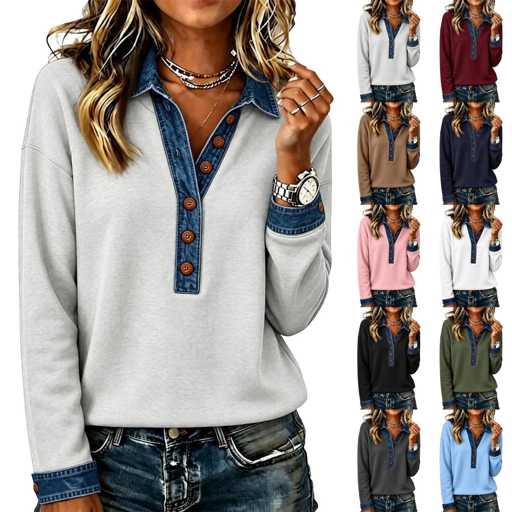 Damen Casual Denim Patchwork Langarm Pullover Sweatshirt Top für den Alltag