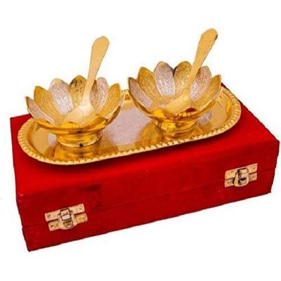 German Silver And Gold Plated Bowl Set With Royal Velvet Gift Box (Contains-2 Bowls 2 Spoons & 1 Tray), 100 ML