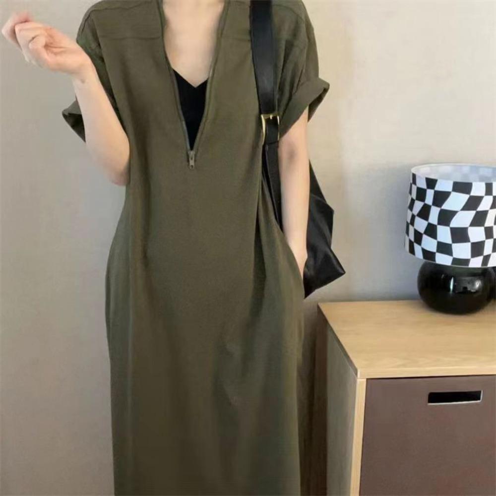 

Однотонное простое длинное платье с V-образным вырезом, больших размеров, платье на все случаи жизни, свободное платье для женщин и девушек XL зелёный