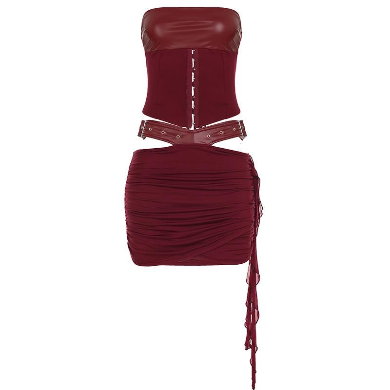 Retro Cross-Border Lace-Up Strapless Waist-Shaping Top and Hollow-Out Leather Skirt Set for Women
