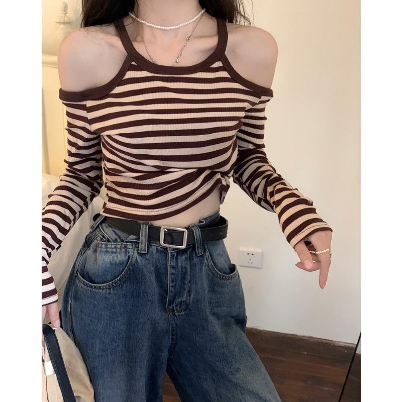 

Дизайнерская полосатая футболка с открытыми плечами, женская, новая, осенняя, облегающая, с длинными рукавами, утягивающая, короткая, студенческая футболка One size