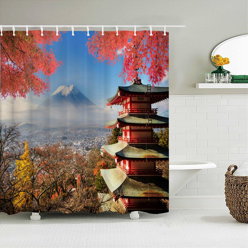 Waterproof Polyester Fabric Shower Curtain Japanese-style Waves Samurai Landscape 3d Printing Bathroom Decor Shower Curtains