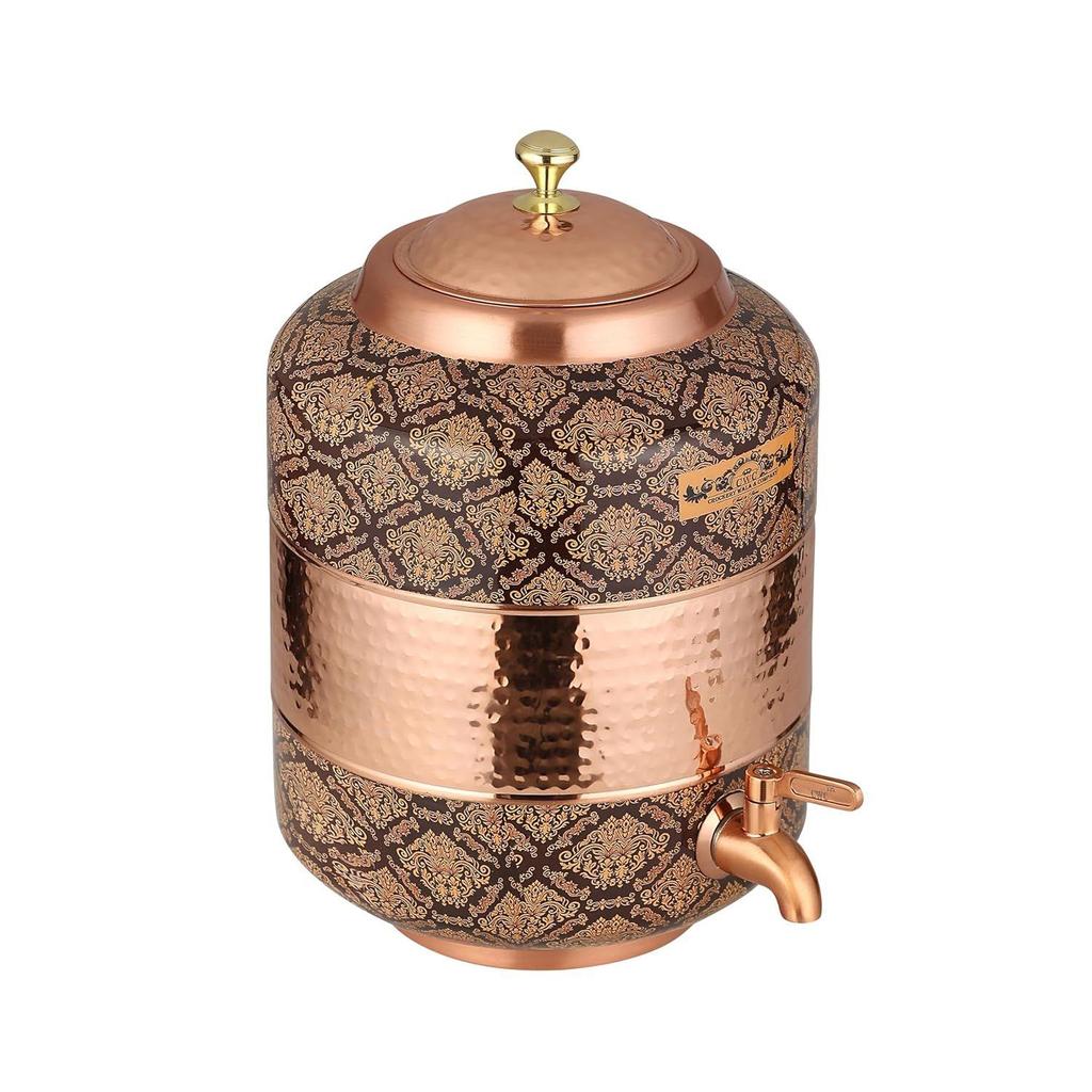 Copper Water Dispenser, Decorative Damask Pattern, Leak-Proof Tap, Heavy Weight (Brown, 14 Litres)