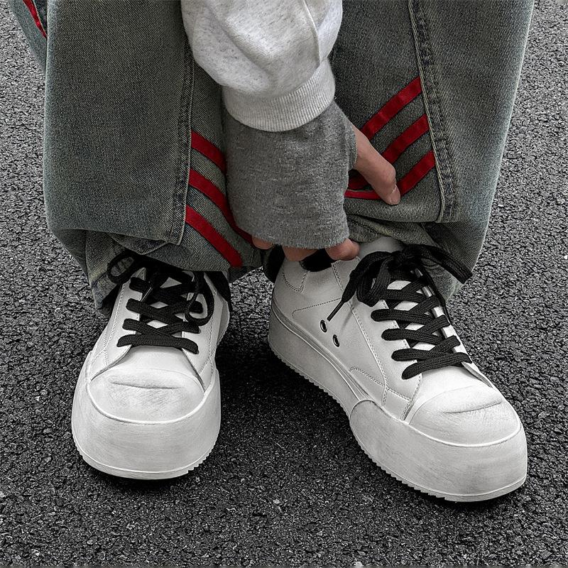 Large Size Mens Casual Black White Shoes Lace-up Genuine Leather Oxfords Shoe Flats Platform Sneakers Street Style Mans Footwear