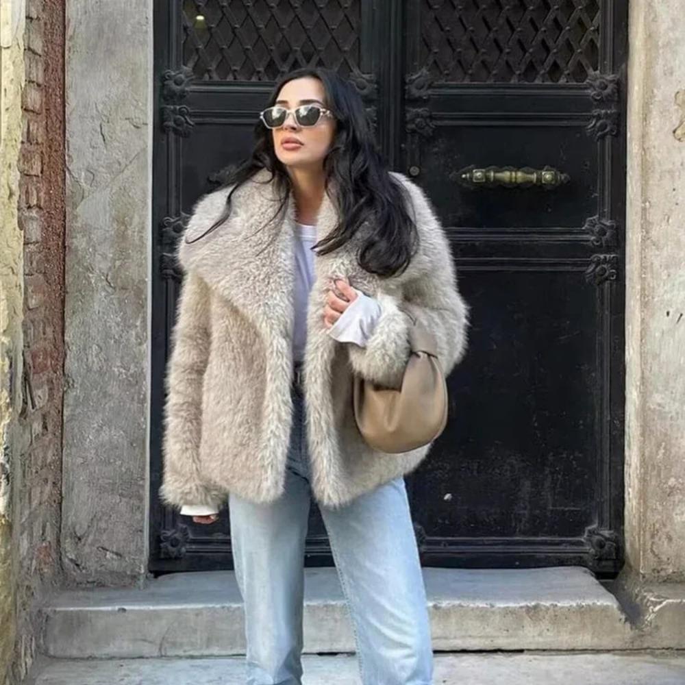 VAYLA Damski Płaszcz Jesienno-Zimowy ze Sztucznego Futra Pluszowy Puszysty Damska Kurtka Nowość Odzież Wierzchnia Biały Czerwony Szary Czarny Mieszanki Wełny Płaszcze