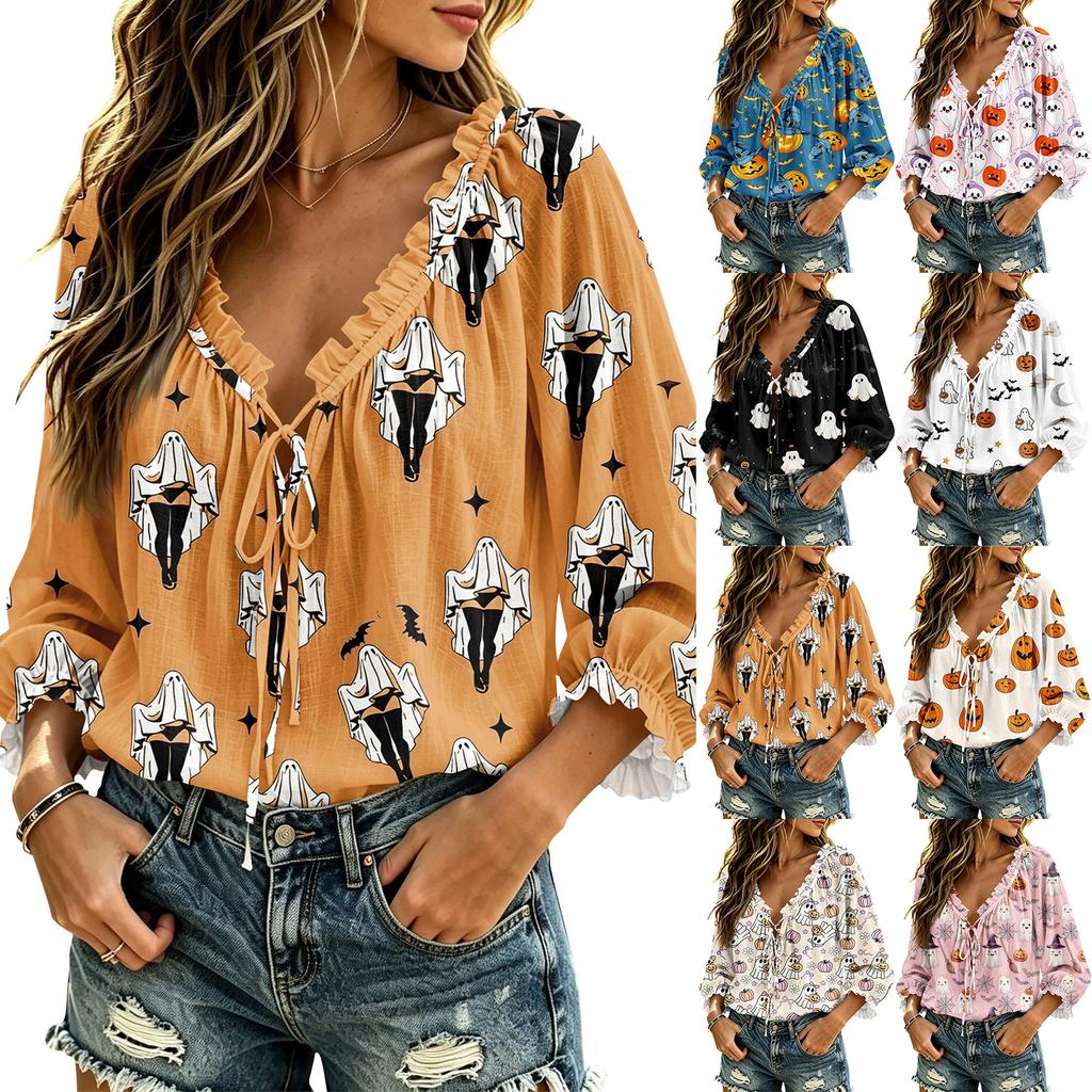 Women's Halloween Print V-Neck Ruffle Tie-Front Blouse with for Party