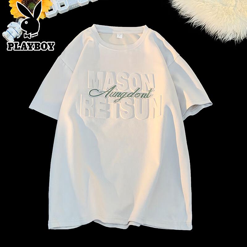 PLAYBOY Men s Suede-Effect Distressed Letter Loose Short Sleeve T-Shirt 2XL 1890₽