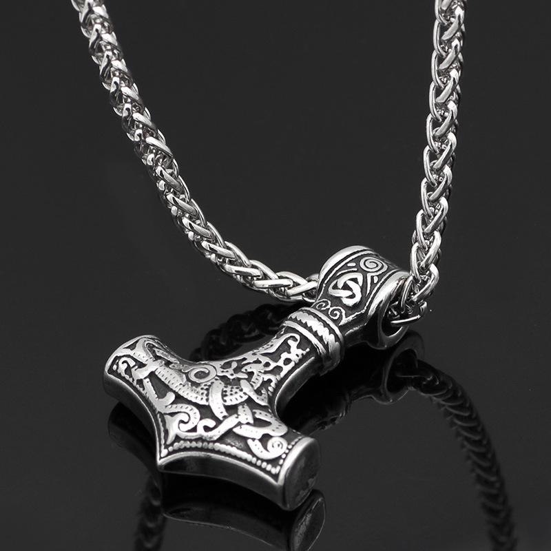 Titanium Steel Thor's Hammer Pendant Necklace - Viking Odin Design for Men and Women