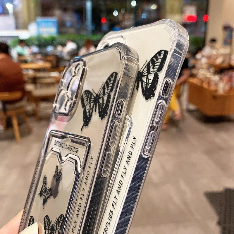 Silicone Wallet Card Holder Phone Case For iPhone 15 Pro Case iPhone 11 13 12 14 Pro Max X XR XS Max 7 8 SE Soft Butterfly Cover