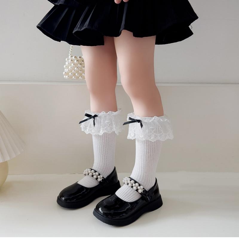 Lolita Princess White Lace Socks Children Spring Autumn Cotton Socks Korean Girl Bow Long Socks Solid Color Kids Knit Stockings