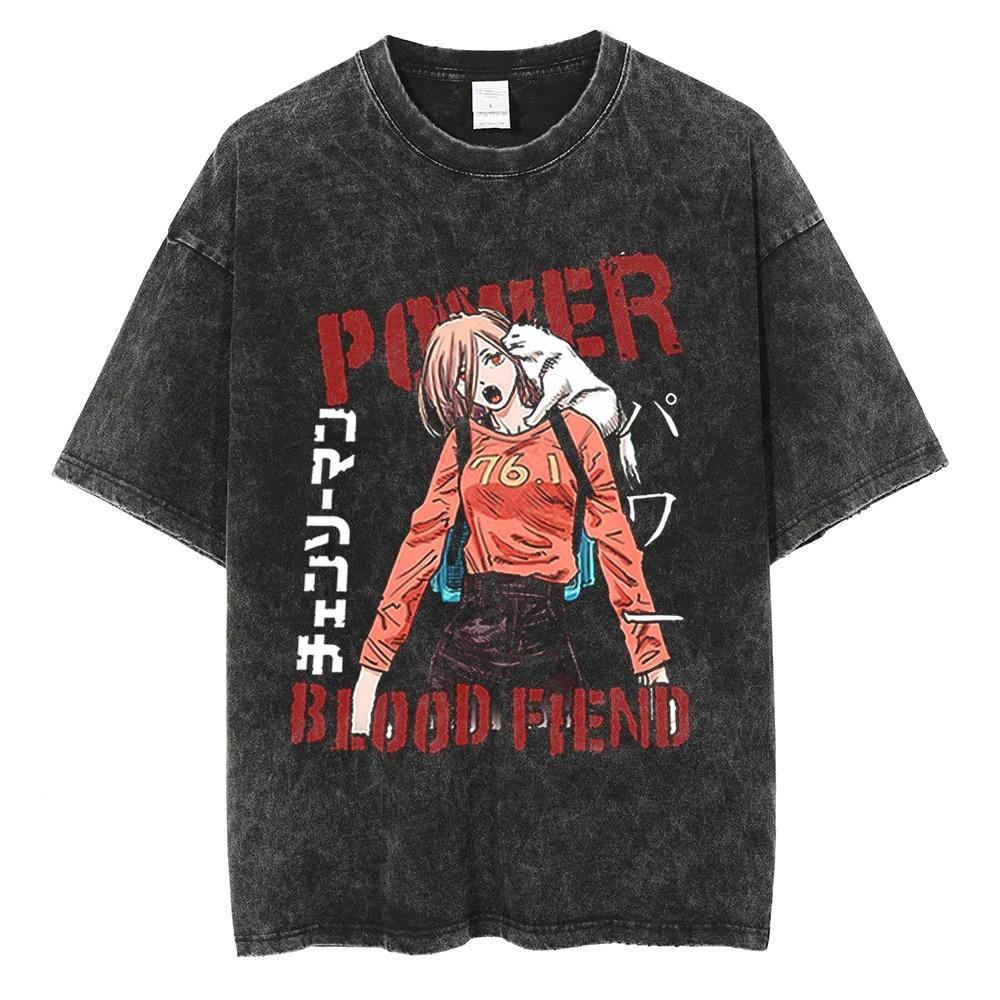 Chainsaw Man Power & Cat Blood Splatter Vintage Washed Anime T-Shirt, Unisex Manga Fan Streetwear Tee, 100% Cotton Casual Short Sleeve Top