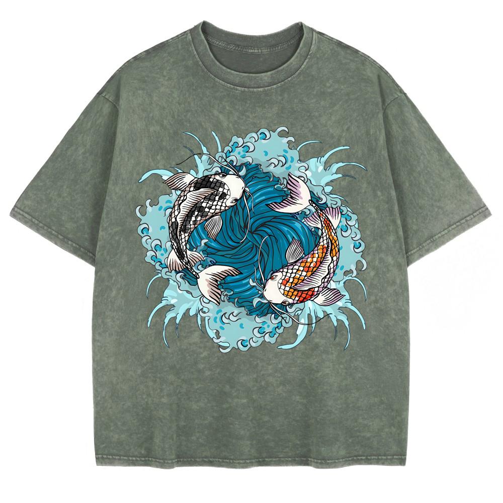 Japanese Koi Harajuku Printed Washed T-Shirts Mens Cotton Short Sleeve Tops Summer O-Neck Oversized T Shirts Clothes