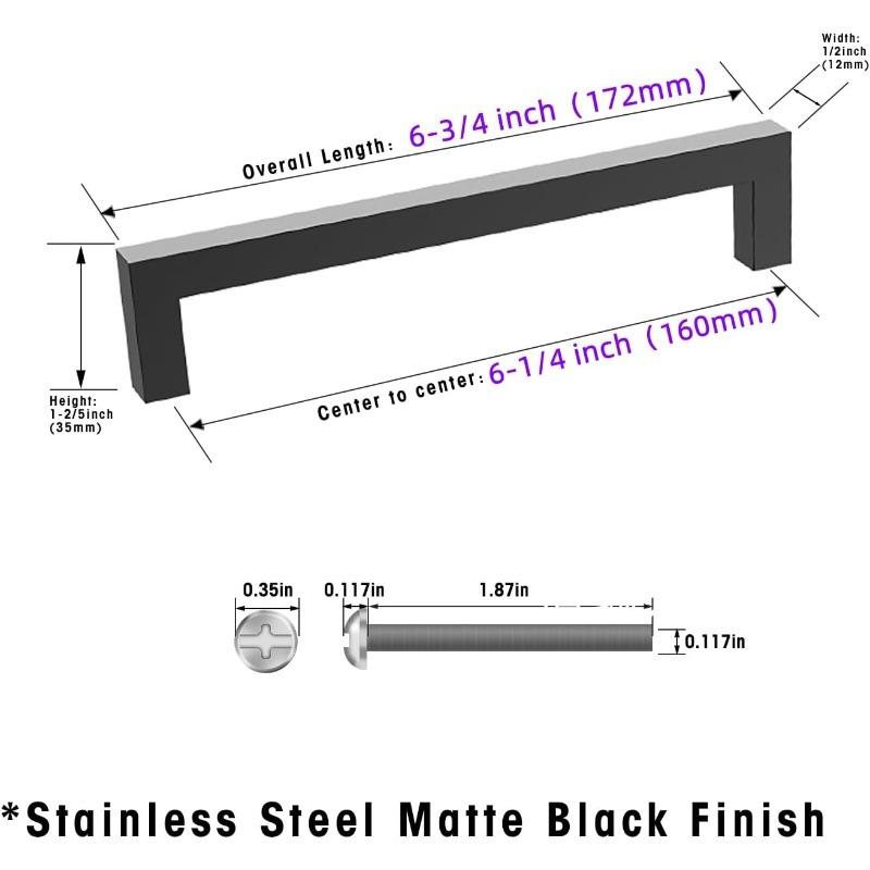 2 Pack Matte Black Cabinet Pulls Stainless Steel Kitchen Cabinet Handles - Square Dresser Handles Drawer Pulls