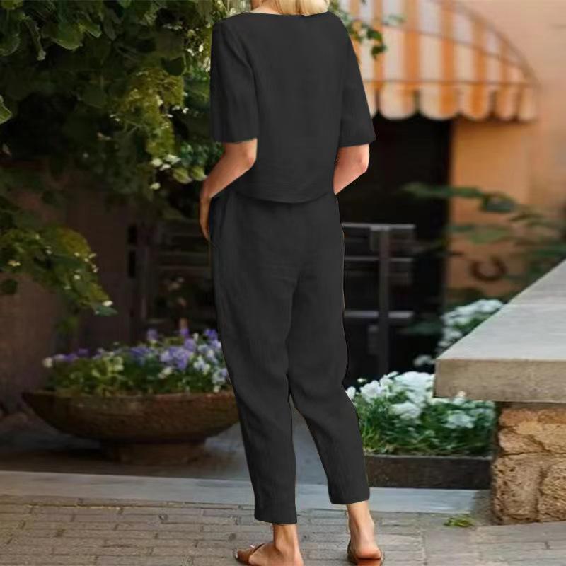 Women's Vintage Cotton & Linen Summer Set: Oversized O-neck Top with Short Sleeves and Wide-leg Pants.